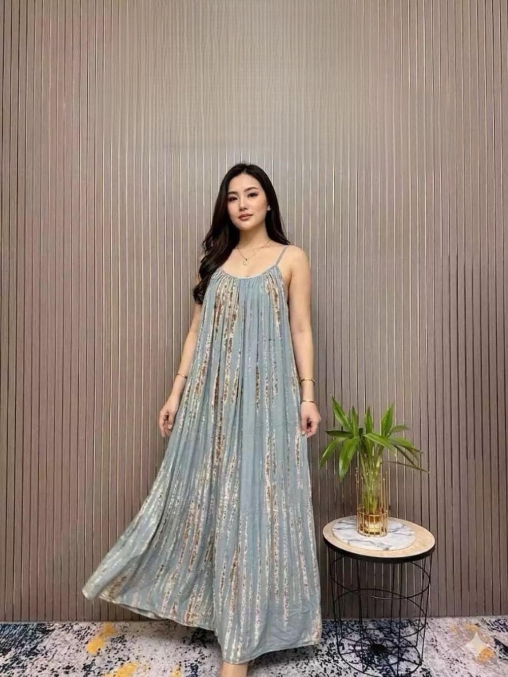 0035/ Tie Shoulder Bluish Tie Dye Pattern Dress, Sun Dress